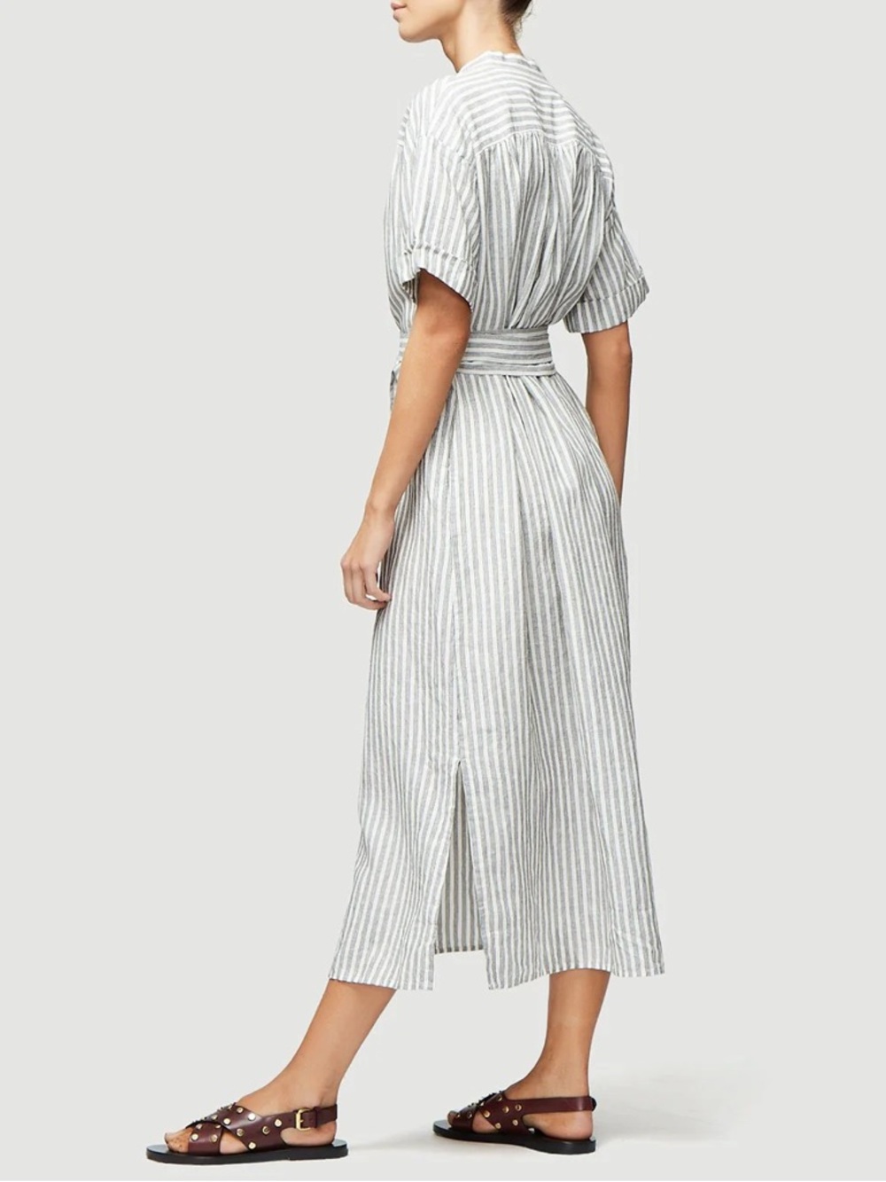 FRAME Button Front Linen Striped Midi Dress Quiet Luxury Coastal Chic Size Small - Picture 4 of 11